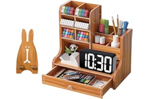 CATEKRO Desk Organiser, Wooden DIY Desktop Tidy Pen Holder, Large Capacity Stationery Storage Box with Drawer for Home, Office and School(Samll-brown)