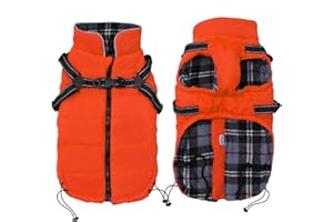 Pethiy Winter Warm Waterproof Dog Jacket With Harness Traction Belt - Pet Outdoor Autumn and Winter Clothes for Medium, Small Dogs - Orange - M