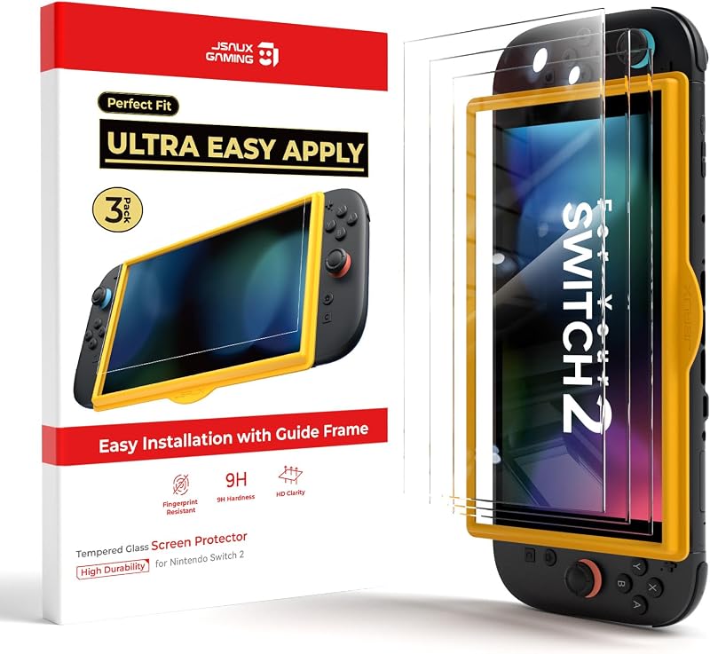JSAUX 3-Pack Screen Protector for Nintendo Switch 2, Easy to Install with Guiding Frame Tempered Glass Ultra HD Glass Protector 9H Hardness Scratch Resistant
