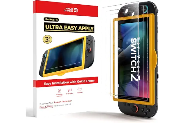JSAUX Protector Pantalla Ultra HD para Nintendo Switch 2, Pack de 3 | Cristal templado 9H, Instalación sin burbujas, Marco de montaje, Alta claridad HD, Colores vivos originales