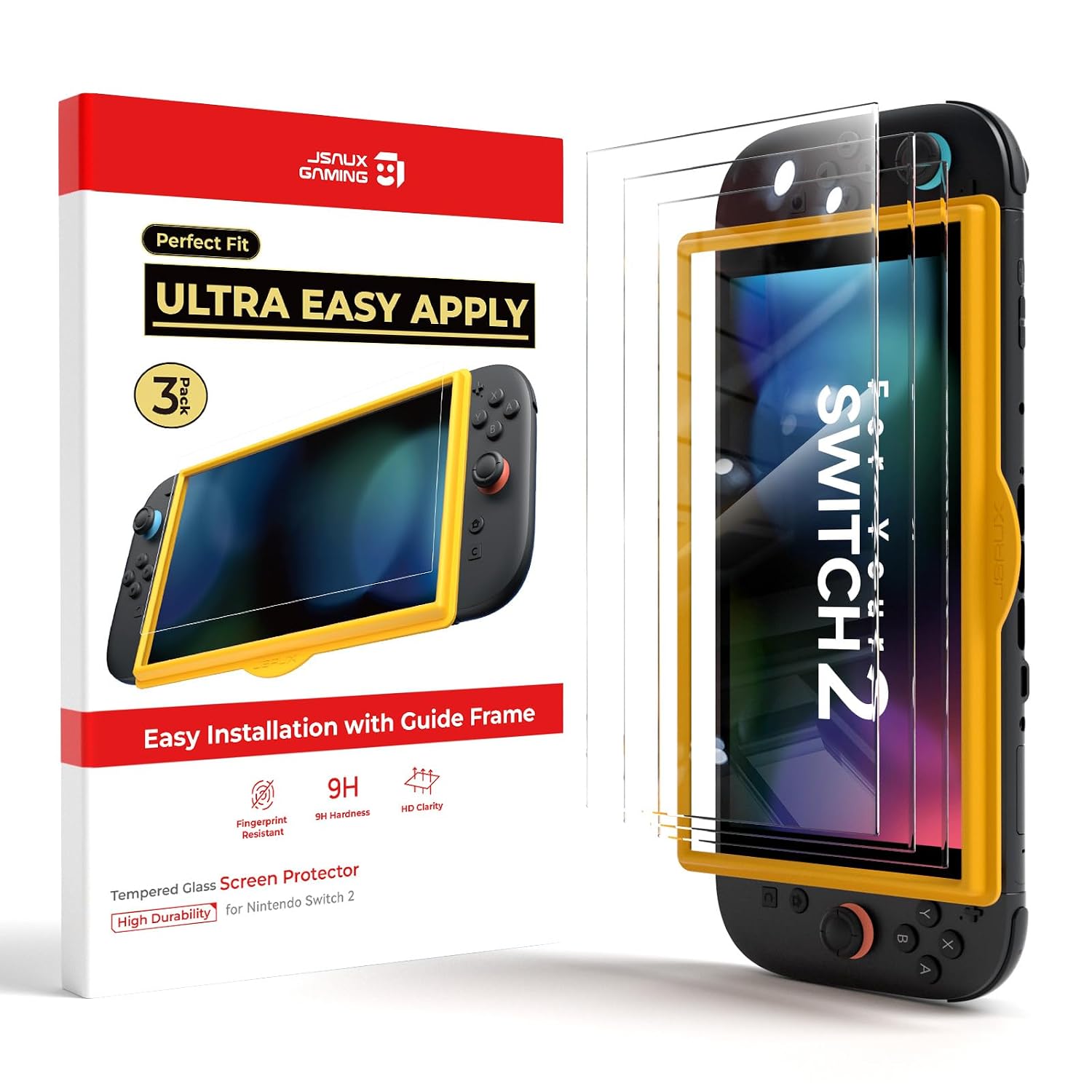 JSAUX Protector Pantalla Ultra HD para Nintendo Switch 2, Pack de 3 | Cristal templado 9H, Instalación sin burbujas, Marco de montaje, Alta claridad HD, Colores vivos originales