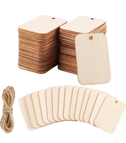 100 Stück Holz Anhänger Mit Loch – Rechteckig 52x34 Mm, Inkl. 2m Hanfschnur Für DIY, Geschenkanhänger & Deko