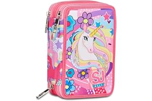 SJ Gang Astuccio Scuola 3 Zip, Rosa, UniBraid, Unicorno Portapenne Triplo Scomparto Completo Di Penne, Matite, Colori, Accessori Zaino, Elementari, Medie, Bambina