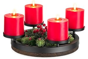 Hanobe Drewniany wieniec adwentowy, taca adwentowa: okrągła drewniana taca z 4 metalowymi świecznikami na świece w stylu vintage, dekoracja bożonarodzeniowa