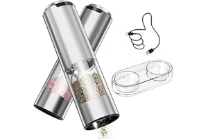CIRCLE JOY Rechargeable Electric Salt and Pepper Grinder Set with Base, Stainless Steel Pepper Mills with Washable 95ml Container, White LED Light and Adjustable Coarseness