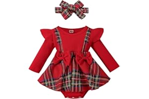 ESSECMBS Natale 2 Pz Completo Neonata Pagliaccetto Manica Lunga Neonata Tutina Invernale Bimba con Bowknot Bodysuit Natalizio Neonata+Fascia per Neonata