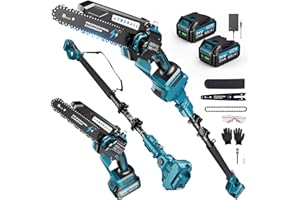 RINOXAR 2-en-1 8 Pulgadas Mini Motosierra de Pértiga Inalámbrica con 2 Baterías de 4000mAh, Motosierra sin Escobillas con Telescópicas para Exterior, Extensible hasta 4M