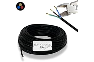 HALOTEC Cable Eléctrico 25m 3 Hilos 3x0.75mm² | Flexible H03VV-F PVC Negro para Extensiones, Instalación Doméstica, Proyectos de Bricolaje | Manguera Redonda Duradera y Resistente al Desgaste