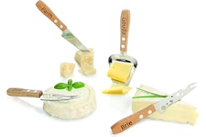 BOSKA Juego de quesos mini Geneva - Quatro cuchillos para todos los tipos de queso - Multifuncional - Mangos de madera de haya - Marrón y plata - 15 cm