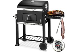 tectake® Barbecue a Carbonella, Barbecue Portatile con Apribottiglie Integrato, BBQ Grill Affumicatore con Coperchio e Termometro, Ripiano Laterale, Barbecue con Ruote per Campeggio - Nero