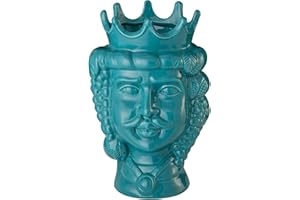 Baroni Home Testa di Moro in Ceramica in Stile Siciliano Dipinto a Mano, Vaso Monocromatico per Piante da Interno, Soprammobile di Design, Stile Italiano, Re Blu Turchese, 18x22x31 cm