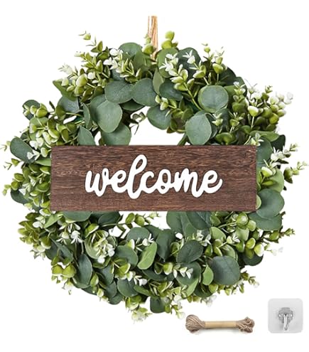 Eucalyptus-krans voor de voordeur, 46 cm, deurkrans voor de zomer, moderne krans, groene deurkrans voor buiten, het hele jaar door, eucalyptus, kunstkrans, decoratie, raam, festival, bruiloft