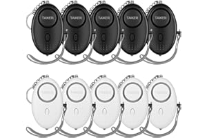 Taiker Personal Alarm, 10 Pack 140DB Emergency Self-Defense Security Alarm Keychain with LED Light, Black/White, 6 inches, 2 inches, 2.64 inches, 1 AA Battery, 606.11 feet Range, Touch Control