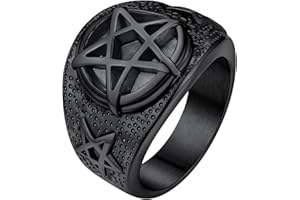 FaithHeart Wicca Pentagram Rings for Men Women, Pagan Pentacle Signet Ring Stainless Steel/Gold/Black, Engraved Witch Amulet Rings Size O-Y
