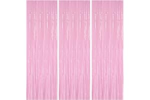 HONGCI 3pcs 3.2x6.5ft Macaron Pink Tinsel Curtain Door Streamers Fringe Foil Curtain Photo Backdrop Birthday Party Decorations for Girls Women Hen Do Wedding Party Decor Banner Pink
