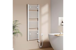 EMKE Scaldasalviette Elettrico per Bagno 120 x 50 cm, Radiatore Curvato con Termostato, Scaldasalviette Elettrico, Supporto Porta-Asciugamani, Bianco, 500 Watt