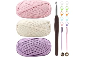 Renyiz Lot de 3 pelotes de fil épais pour crochet, t-shirt, 3x100g, rose-blanc-violet, kit de crochet pour débutants, tissu élastique, inclut un crochet de 6 mm, tous âges, taille S, non pliable