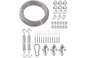 TooTaci Edelstahlseil 3mm Set, T316 Edelstahl Drahtseil 3mm, Stahlseil mit ösen,15M Stahlseil 3mm, M6 Seilspanner Edelstahl, Drahtseilklemme, Ösenplatten, Karabinerhaken, für Sonnensegel Dreieckig