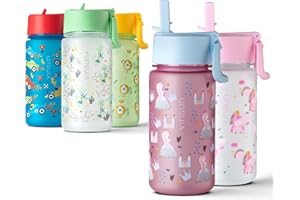 VINSUN Botella Agua Niños Princesa con Pajita 500ml - Tritan sin BPA, prueba de fugas, reutilizable - Cantimplora Infantil rosa para Guardería, Escuela, Deporte