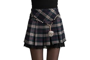 HAHAEMMA Mini Falda Mujer Plisada Escocesa Elegante Invierno Alta Cinturilla Elástica de Encaje Doble de la Colegiala (con Hermosa Cadena en la Cintura)