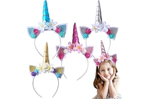 SEASBOES 4 Pièces Licorne Serre Tete, Serre Tete Licorne Femme, Serre Tete Licorne Fille, Bandeau Licorne Coloré avec Fleurs, Bandeau de Licorne pour Cosplay, Fête, Birthday Party