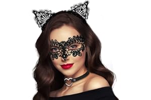 Takmor Spitzen-Maskenmaske für Frauen, schwarze Maskerade-Maske für Frauen, Katzenohren-Stirnband mit Herz-Choker