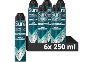 Sure Men Nonstop Protection Sensitive Deodorant Body Spray Antiperspirant with a clean fragrance & body heat activated technology for 72 hour odour and sweat protection 250 ml, Pack of 6