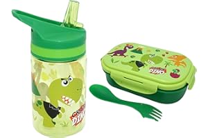SRV HUB Lonchera rectangular para niños con tenedor, botella de plástico no tóxico Tritan (400 ml) con tapa abatible a prueba de fugas, botella sin BPA y lonchera para niños de 3 a 7 años (Crazy Dino)