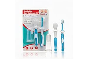 Sanitral Baby's First Toothbrush Kit - Step by Step 0-2 Years - Safety-Tested & BPA-Free 3-Pack (Finger, Silicone, Toddler Toothbrushes) - Blue