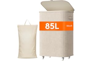 Lifewit 80L stor tvättkorg med hjul och lock, beige | Hög rullande tvättkorg med avtagbar väska, hopfällbar smutstvätt korg f