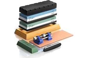 FINEW Pierres à Aiguiser 400/1000 3000/8000, Pierre a Aiguiser, Aiguiseur Couteaux, avec Base en Bambou Antidérapante, Pierre Plate, Guide d'angle, Bande de cuir, Composé de polissage, Guide de rodage