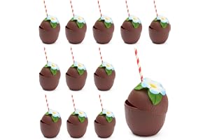 THE TWIDDLERS 12 återanvändbara kokosnötsmuggar av plast med blommor och papperssugrör - för trädgård, pool och strand - Tiki