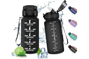 KOLLYKOLLA Gourde Sport 500ml, Bouteille Reutilisable, Gourde Enfant avec Marqueur de Temps, Bouteille avec Paille, Bouteille d'eau Étanche, Gourde pour Gym, Bureau, l'école, Fitness, Randonnée, Yoga, Camping