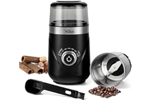 La Moustache - Molinillo de Café Eléctrico 150W | 80g con Cuchilla de Acero Inoxidable【Bajo Ruido 60dB】Contenedor Extraíble | Molido Fino/Grueso, Tiempo de 5-30 Segundos, Cepillo (GrindMini Black)