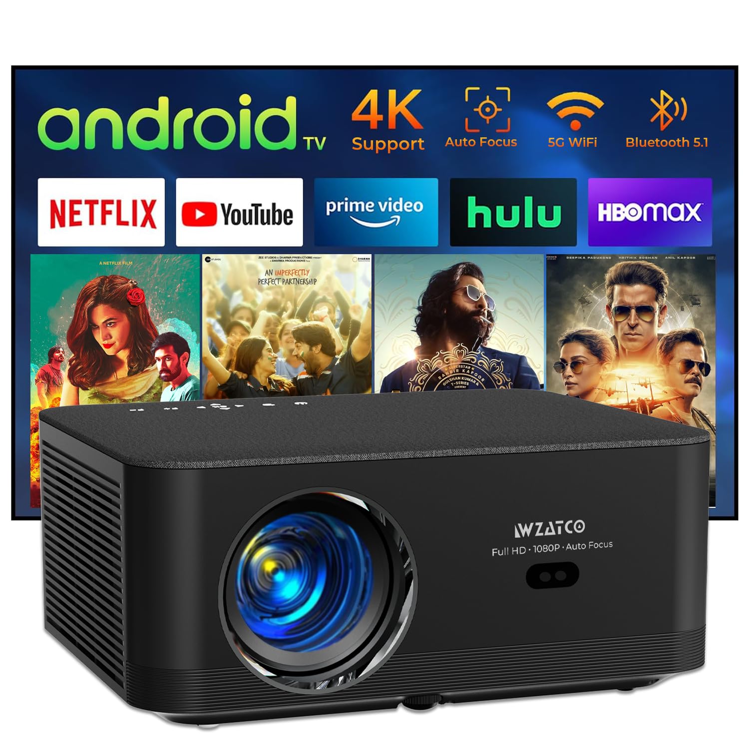WZATCO Neo Fully Automatic 9000 Lumens, Full HD Native 1080P, 4K HDR Android Projector for Home, (Auto Focus + Auto Keystone)