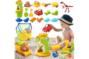 Mini Tudou Beach Toys for Kids,Dinosaur Themed Sandbox Toys with Dino Water Wheel,Toddler Sand Toys with Dino Sand Molds,Sand Buckets,Shovels and Watering Can,Outdoor Toys with Mesh Bag for Kids Boys