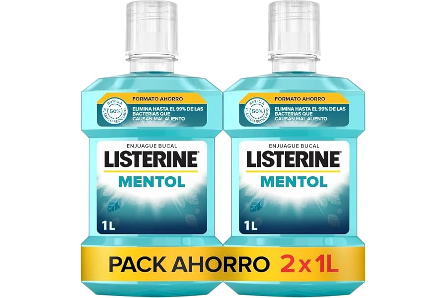 Listerine Mentol (pack de 2 x 1 L), enjuague bucal con flúor, colutorio con 24 horas de protección, elixir bucal mentolado pa
