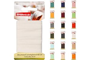 Nähmit 5m Karte Baumwoll Schrägband, 100% Baumwolle 20mm Breit - 40/20 vorgebügeltes Schrägband (A02-Weiss, 5m Karte)