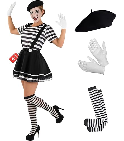 Costume da artista francese di Mime, unisex, 100% cotone, maglietta, monto, guanti e vernice per il viso (piccolo