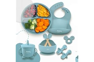 BABIES OF HEAVEN BabiesofHeaven COFFRET REPAS BEBE COMPLET [10 pièces], Assiette Ventouse Silicone Antiderapant avec Compartiments et Couvercle, Ventouse Bol, Bavoir, Cuillère, Fourchette, Vaisselle Enfant Set (Vert)
