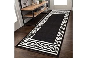 Rugs Shop Door Mats Indoor Non Slip Mat Carpet Runners for Hallways Geometrical Border Low Profile Washable Runner Rug for Kitchen, Front Door Hall Hallways Living Room (80 x 150 cm, Black White)