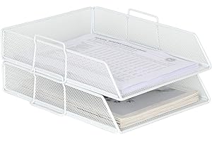 EasyPAG 2 Niveles Metal Malla A4 Bandejas Oficina Apilables Soporte Documentos Almacenamiento Revistas Organizador Escritorio Clasificador Carta Estante Papel,Blanco