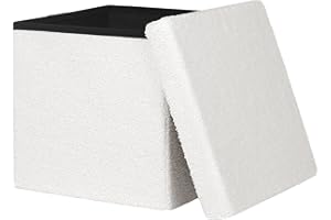 ‎ESITURO eSituro Sitzhocker mit Stauraum, Faltbarer Hocker, Fußhocker, Polsterhocker, Aufbewahrungsbox Sitzwürfel für Wohnzimmer Schlafzimmer Eingangsbereich, aus Teddyfleece Weiß SOM0209