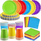 ZblPyro 120 Pieces Colorful Disposable Birthday Tableware for 30 Guests | 18 and 23 cm corrugated cardboard plates, paper cup