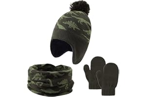 PESAAT Tricoté Dinosaure Chapeau Écharpe Gants Ensamble Hiver Enfant Bonnet avec Polaire Chaud Écharpe Mitaines Fille Garçon