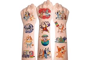 DEEN Tattoo for Kids, 8 Sheets Bluey Temporary Tattoos Stickers,Birthday Themed Party Supplies Decoration Favors,Cartoon Children Tattoos Gift for Kids Boys Girls Prizes Carnival Christmas Rewards