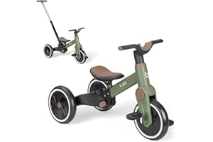 KikkaBoo Flash Dreirad Ab 2 Jahre, 5-in-1 Laufrad Und Dreirad, Umwandelbar Zum Laufrad Oder Fahrrad Ohne Pedale, Mit Verstellbarer Schiebestange, Eva-Räder, Stabiler Stahlrahmen, Armeegrün
