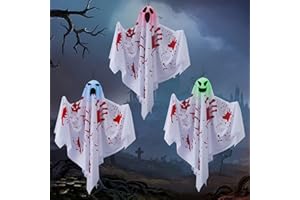 DICLLY 3 Pezzi Fantasmi Appeso di Halloween,con Luci a LED Colorate e tre Espressioni,Fantasma Luminoso Appeso,per Decorazioni Halloween Interni ed Esterni Prato Decorazione