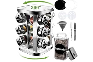 FDGAUCA porta spezie per cucina Con 12 vasetti quadrati per spezie da 120 ml, girevole portaspezie con etichette pennarello e imbuto a 360° in acciaio inox spezie portaspezie