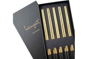 heimzeit Bacchette Sushi in Acciaio Inossidabile di Alta qualità en Oro Nero, 5 Paia di Bacchette dal Design Elegante, Chopsticks Lavabili in Lavastoviglie e Riutilizzabili